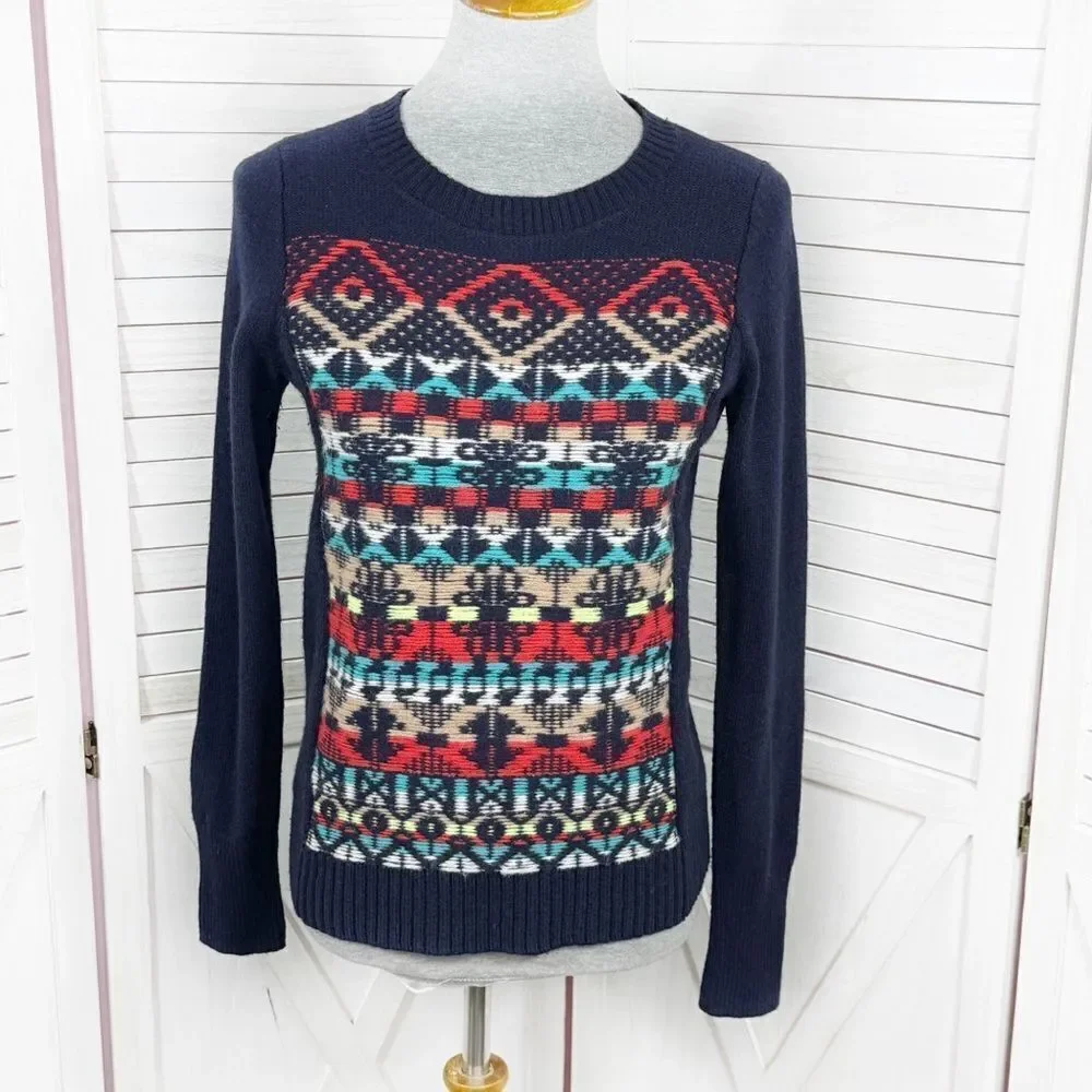 J. Crew Aztec Fair‎ Isle Jacquard Stich Wool Sweater Blue XS Crewneck Pullover